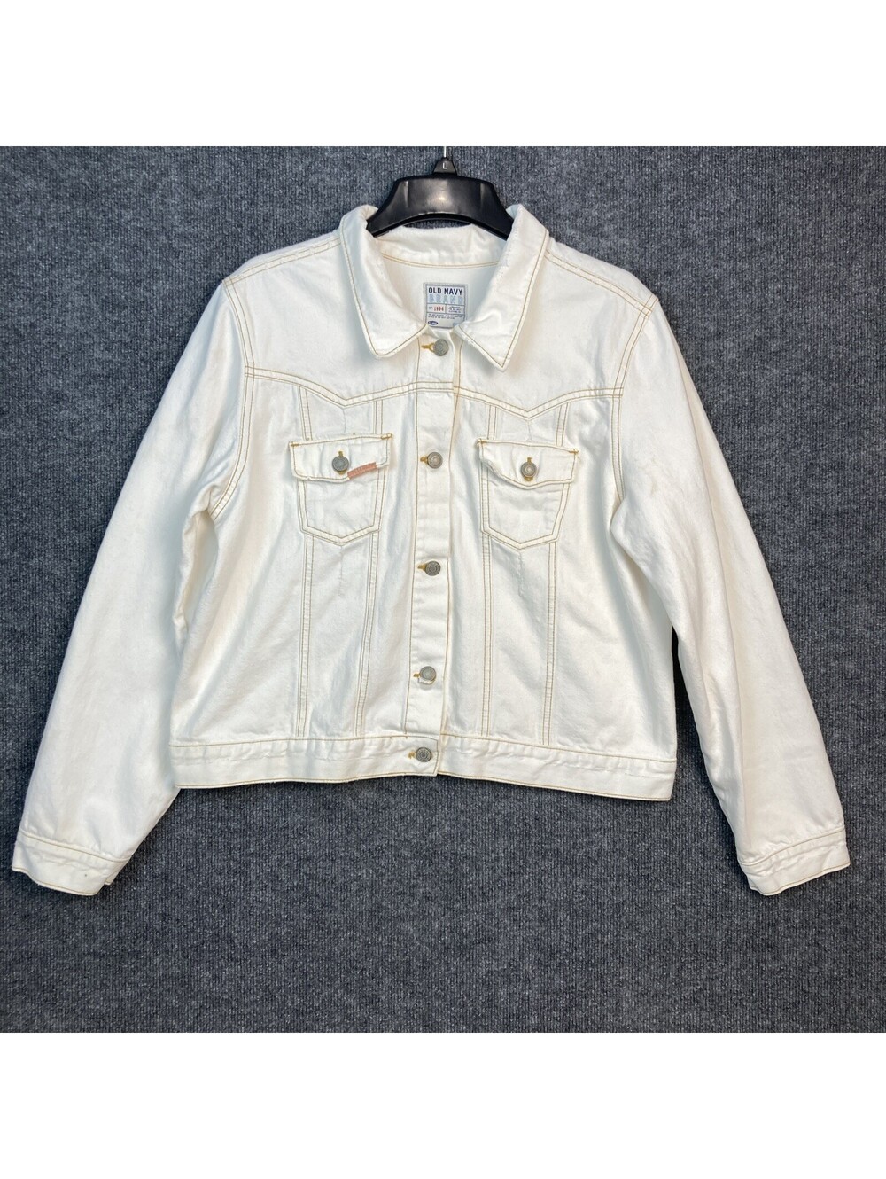 Old Navy Womens XXL Off White  Distressed Boho Denim Embroidered Jean Jacket